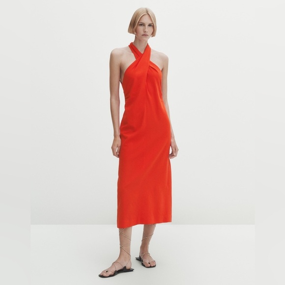 NWT. Masimo Dutti Red Lyocell Blend Gathered Crossover Halter Neck Dress Size L.